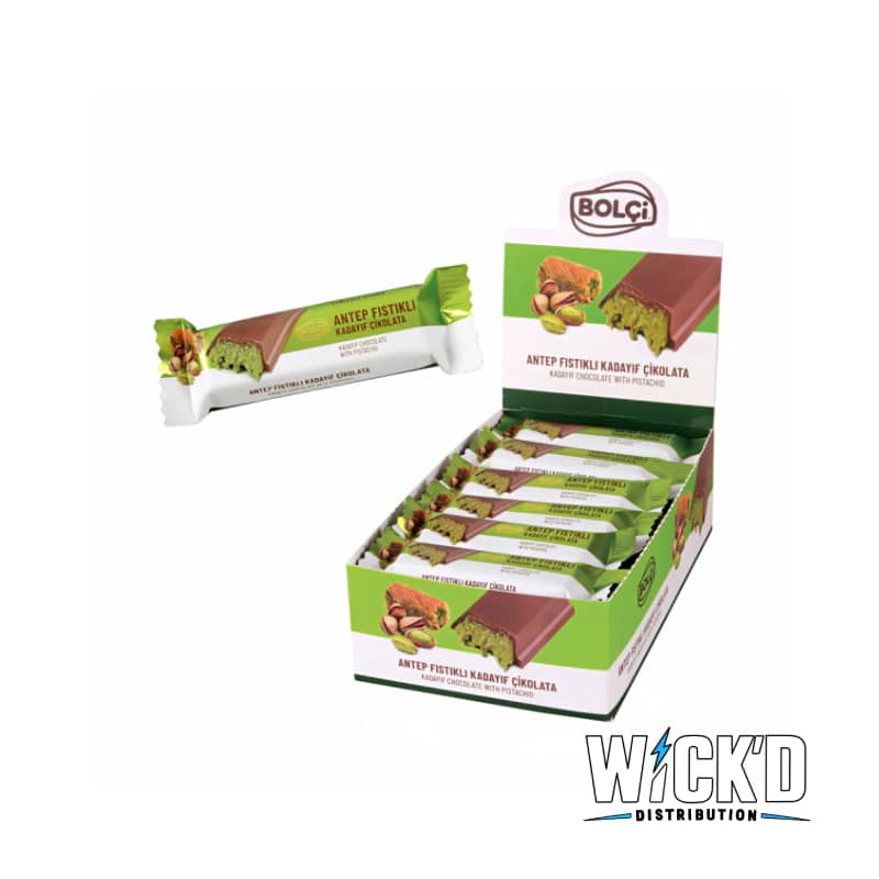 Bolci Dubai Chocolate Bar 30g – Snack-size milk chocolate with kadayif and pistachio cream. Perfect for impulse buy sections and lunchboxes. Viral Middle Eastern chocolate.