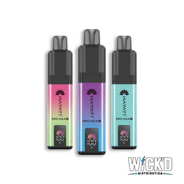 Hayati Pro Max+ 6000 Puff Prefilled Pod Kit – Display of 3 sleek disposable vape devices in gradient colours, available from Wick’d Distribution