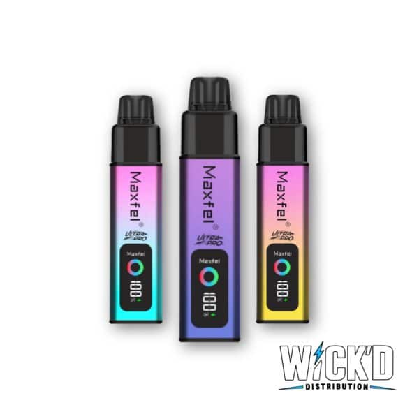 3 Maxfel Ultra Pro 35K Vapes on display at Wick'd Distribution